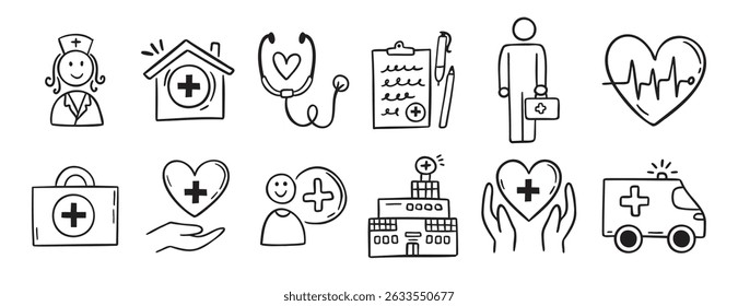 Medical kit, hospital, clinic doodle hand drawn icon set. Outline drawing stethoscope, report, healthcare, doctor, patient, line clipart symbol. Vector illustration