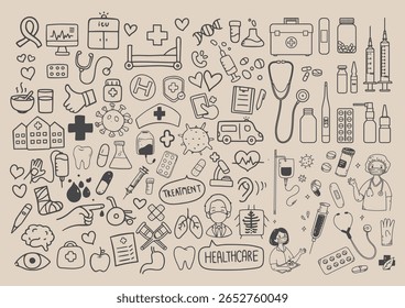 Medical kit, hospital, clinic doodle hand drawn icon set. Outline drawing stethoscope, report, healthcare, doctor, patient, line clipart symbol