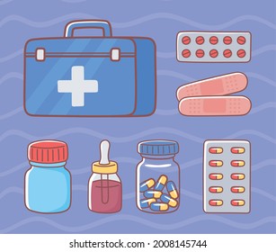 medical kit include bandage, capsule and bag