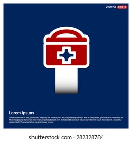 Medical Kit insurance Icon - abstract logo type icon - Red & white sticker icon on blue background. Vector illustration