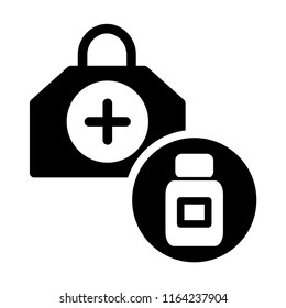 Medical kit on black and white icon. Related syringe pills capsules bottle and thermometer.EPS 10.