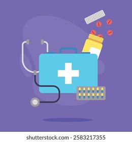 Medical kit on a purple background. Stethoscope and scattered medication bottles, showcasing essential healthcare items used for treatment and care