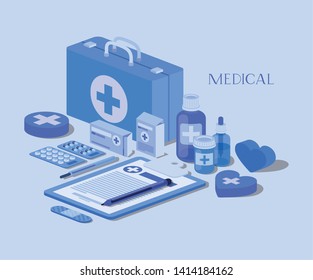 medical kit with order in checklist and set icons