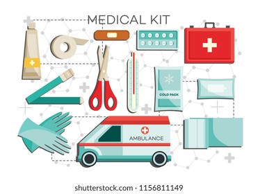 Medical kit set with necessary first aid equipment isolated on white background. Flat icons of medicine devices for emergency help - vector illustration of hospital rescue service.