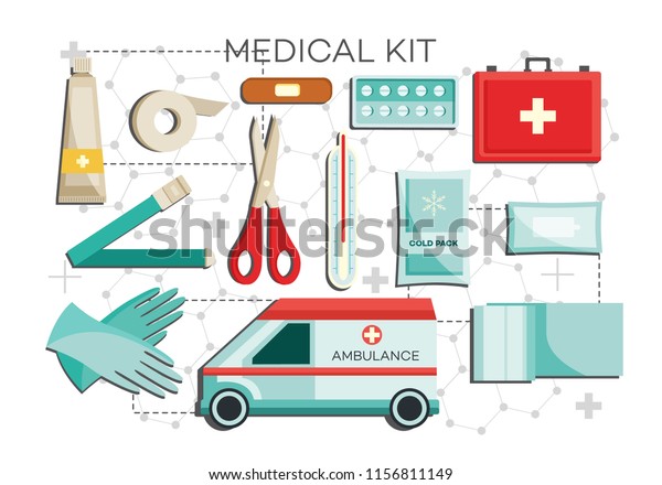 Medical\
kit set with necessary first aid equipment isolated on white\
background. Flat icons of medicine devices for emergency help -\
vector illustration of hospital rescue\
service.