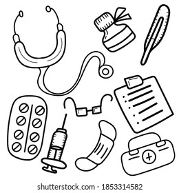 medical kit of stethoscope, medicines, documents, mask, ambulance suitcase, coloring book isolated object, vector medical doodles