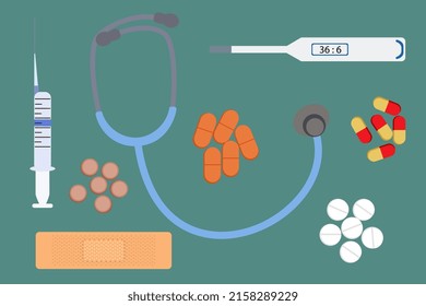 Medical kit - stethostom, syringe, thermometer, patch, tablets, vitamins, capsules.