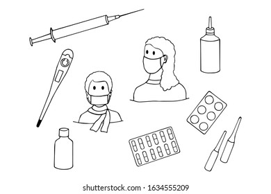 medical kit. syringe, thermometer, people in bandages, medicines, pills. coronavirus. eps10 vector stock illustration.