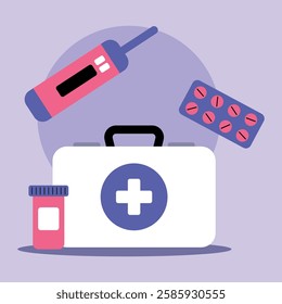 Medical kit with thermometer and blister pack of pills. Health and care concept