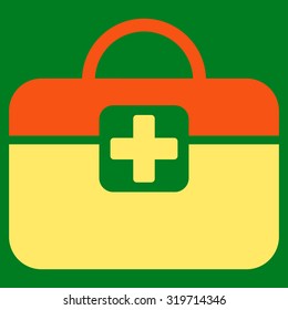 Medical Kit vector icon. Style is bicolor flat symbol, orange and yellow colors, rounded angles, green background.
