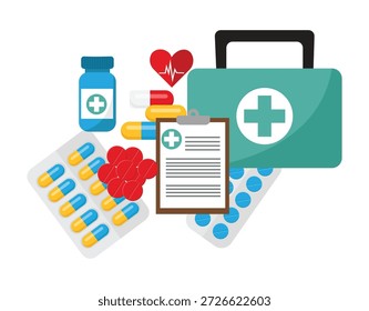 Ilustração vetorial de kit médico com caixa de primeiros socorros, símbolo de cruz médica e suprimentos de saúde.