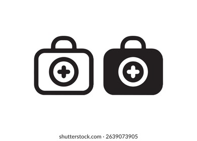 Medical kits with cross and heart symbols in black and white icon design.
