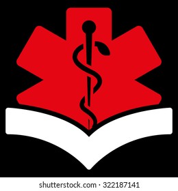 Medical Knowledge vector icon. Style is bicolor flat symbol, red and white colors, rounded angles, black background.