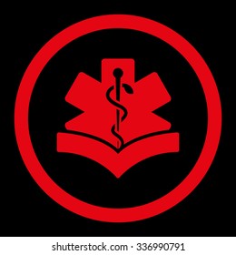 Medical Knowledge vector icon. Style is flat rounded symbol, red color, rounded angles, black background.