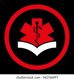 Medical Knowledge vector icon. Style is bicolor flat rounded symbol, red and white colors, rounded angles, black background.