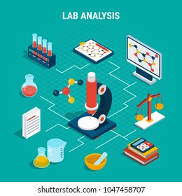 Medical Lab Analysis Equipment Isometric Flowchart On Blue Background 3d Vector Illustration