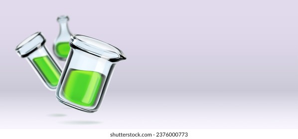 Medical lab banner with flasks isolated on background. Vector realistic illustration of glass bottle, test tube with green liquid substance, research laboratory ad, medicine presentation template