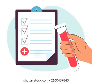 Medical Lab Blood Test From Sample Tube In Human Hand. Person Holding Vial Near List With Results Flat Vector Illustration. Report, Medicine Concept For Banner, Website Design Or Landing Web Page