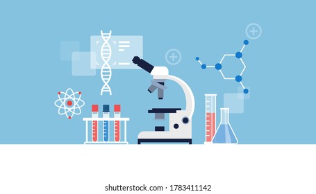 Medical lab desk with microscope, icons and medical equipment: scientific research and technology concept