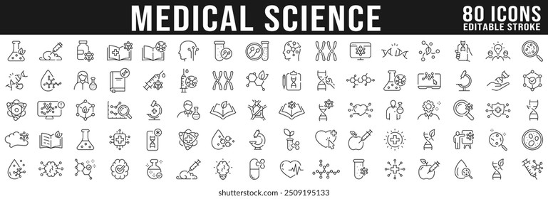 Medical lab icons big set. Science, dna, molecules research line icon set. Editable strokes