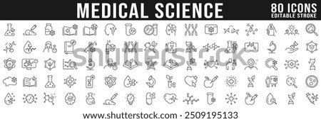 Medical lab icons big set. Science, dna, molecules research line icon set. Editable strokes