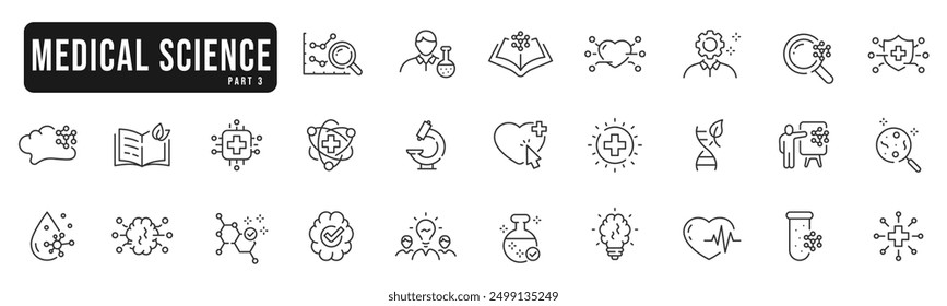 Medical lab icons set 3. Science, dna, molecules research line icon set. Editable strokes