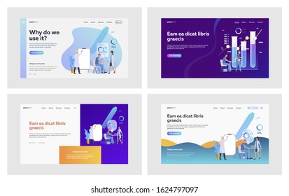 Medical lab research set. Scientists working in laboratory with test tubes, drawing on flipchart. Flat vector illustrations. Science, chemistry concept for banner, website design or landing web page