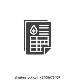 Icono vector de prueba de laboratorio médico. signo plano relleno para concepto móvil y diseño web. Icono de glifo de prueba de diagnóstico. Símbolo del informe de análisis de sangre, ilustración del logotipo. Gráficos vectoriales