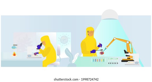 Medical lab vector concept. Corona virus researches. Covid-19 study in laboratory. COVID-19 pandemic illustration. Virus laboratory. 