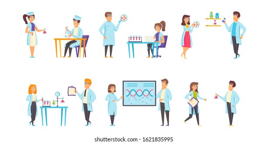 Medical laboratories flat vector illustrations set. Experiment, scientific research scenes bundle. Scientists and assistants, chemists, people in medical gowns cartoon characters collection