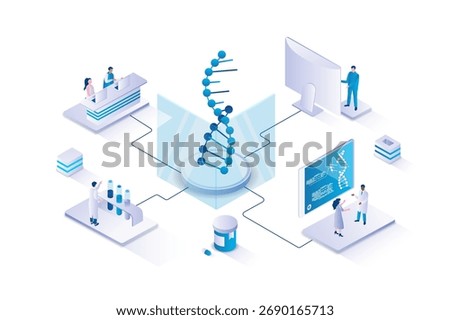 Medical laboratory 3d isometric concept with isometry people design for web. Scientists team doing medical research in lab, studying dna molecule, making genetic experiments. Vector illustration.