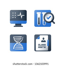 Medical laboratory analysis, liquid sample test result, magnifying glass and lab tubes, chemistry research and education, pharmacology concept, vector flat icon