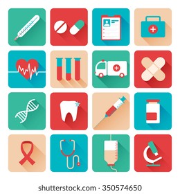 Medical laboratory analysis tests flat icons collection with microscope and dna molecule shadow abstract isolated vector illustration