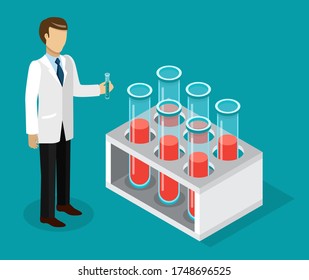 A Medical Laboratory Assistant Is Standing With A Test Tube In His Hand Near A Large Cartoon Container With Medical Flasks And Test Tubes. Medical Laboratory Conducting Tests. Diagnosis And Treatment