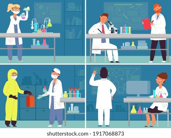 Medical laboratory characters. Lab work, medicines research equipment. Women working on drug development, decent chemical scientist vector concept