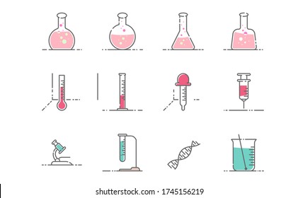 juegos de íconos de químicos médicos y de laboratorio, símbolos de ilustraciones químicas, iconos isosados del vector de laboratorio, jarras, beakers, frascos, elementos de la molécula. Ilustración del vector