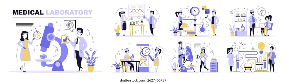 Medical laboratory concept set in flat web design. Collection with people making researching by microscope, analysis molecular dna, doing tests. Flat vector illustration isolated on white background.