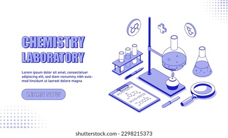 Medical laboratory concept. Test tubes with reagents and loupe. Inventory for analyzing composition of substances and conducting scientific experiments. Cartoon isometric vector illustration