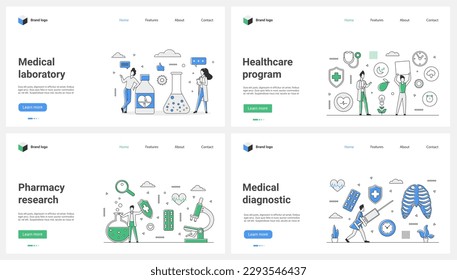 Medical laboratory diagnostics and healthcare insurance program, pharmacological and medicine research set vector illustration. Cartoon tiny patients visit doctors for care health and treatment