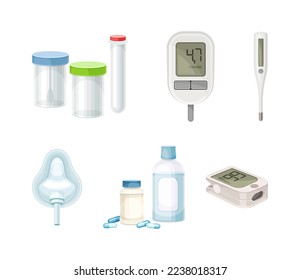 Equipo de laboratorio médico. Tubo de ensayo, píldoras, termómetro, imagen vectorial de la caricatura del oxímetro de pulso