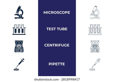 Medical laboratory equipment vector icon set in solid glyph and line style with optical microscope, test tubes rack, centrifuge machine, and liquid pipette