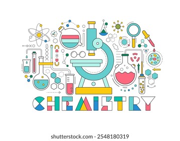 Iconos de laboratorio médico con microscopio, matraces y equipo de investigación química. Anuncio del esquema del laboratorio científico con el microscopio, el tubo de cristal, el vaso de precipitados, la molécula y la célula, Ilustración vectorial