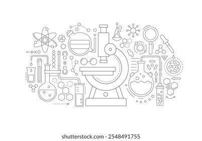 Medizinische Laborsymbole mit Mikroskop, Kolben und chemischer Forschungsausrüstung. Umrissbanner des wissenschaftlichen Labors mit Mikroskop, Glasröhre, Becher, Molekül und Zelle, Vektorgrafik