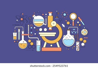 Iconos de laboratorio médico con microscopio, matraces y equipo de investigación química. Anuncio del esquema del laboratorio científico con el microscopio, el tubo de cristal, el vaso de precipitados, la molécula y la célula, Ilustración vectorial