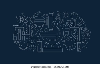 Iconos de laboratorio médico con microscopio, matraces y equipo de investigación química. Anuncio del esquema del laboratorio científico con el microscopio, el tubo de cristal, el vaso de precipitados, la molécula y la célula, Ilustración vectorial