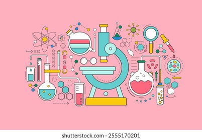 Medical laboratory icons with microscope, flasks and chemical research equipment. Outline banner of scientific lab with microscope, glass tube, beaker, molekule and cell, vector illustration