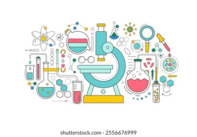 Medical laboratory icons with microscope, flasks and chemical research equipment. Outline banner of scientific lab with microscope, glass tube, beaker, molekule and cell, vector illustration