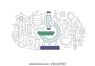 Medical laboratory icons with microscope, flasks and chemical research equipment. Outline banner of scientific lab with microscope, glass tube, beaker, molekule and cell, vector illustration