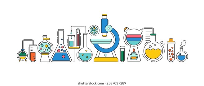Medical laboratory icons with microscope, flasks and chemical research equipment. Outline banner of scientific lab with microscope, glass tube, beaker, molekule and cell, vector illustration