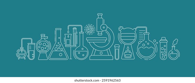 Medical laboratory icons with microscope, flasks and chemical research equipment. Outline banner of scientific lab with microscope, glass tube, beaker, molekule and cell, vector illustration